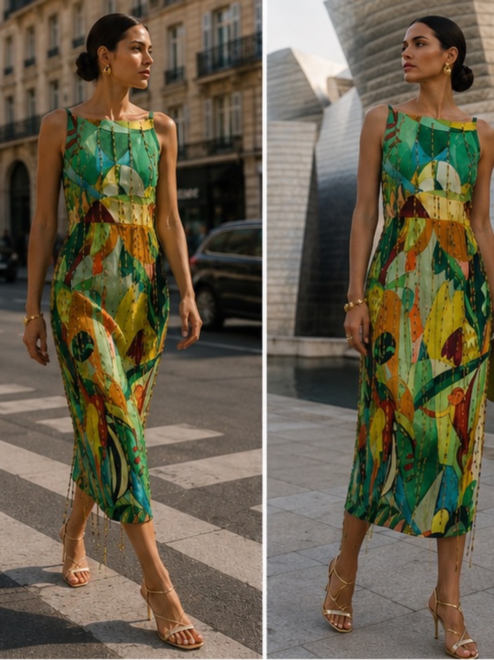 Alemais Mokshini Beaded fringed Green Multi-Color Abstract Print Midi Dress - Picture 4 of 13